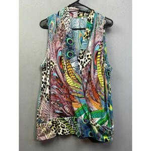 Boston Proper Top Womens Large Multicolor Peacock Leopard Print Wrap Surplice